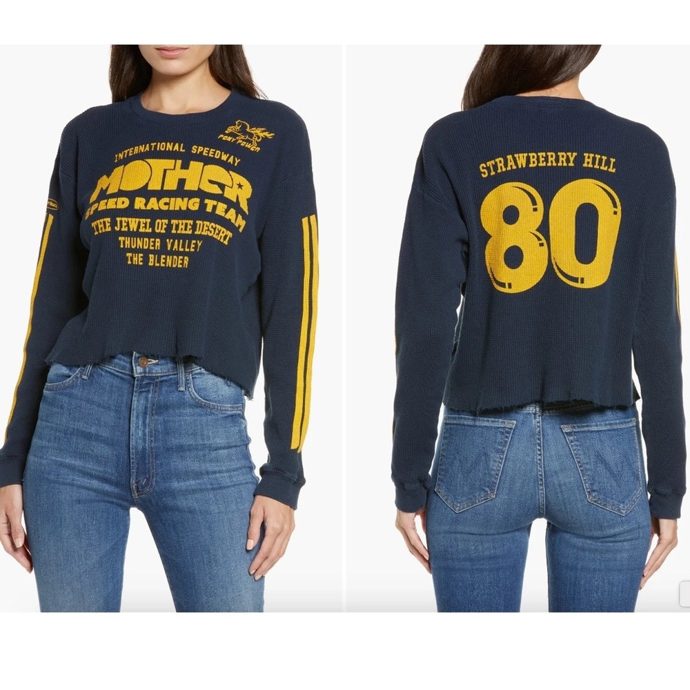 MOTHER Navy / Yellow Long Sleeve Racing Thermal Waffle Cropped Tee. RARE!